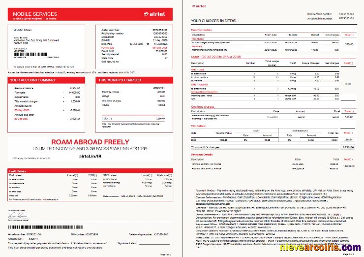 India airtel utility bill, 2 pages